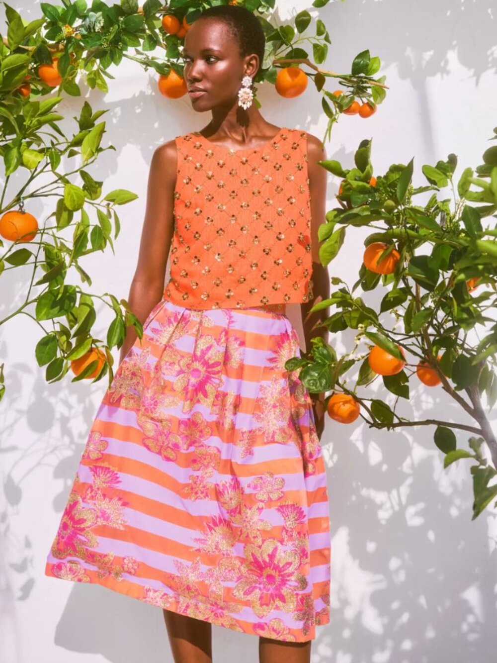 Lilly Pulitzer Lauderdale Midi Skirt Papaya Metallic Floral. Stripe NWT $398